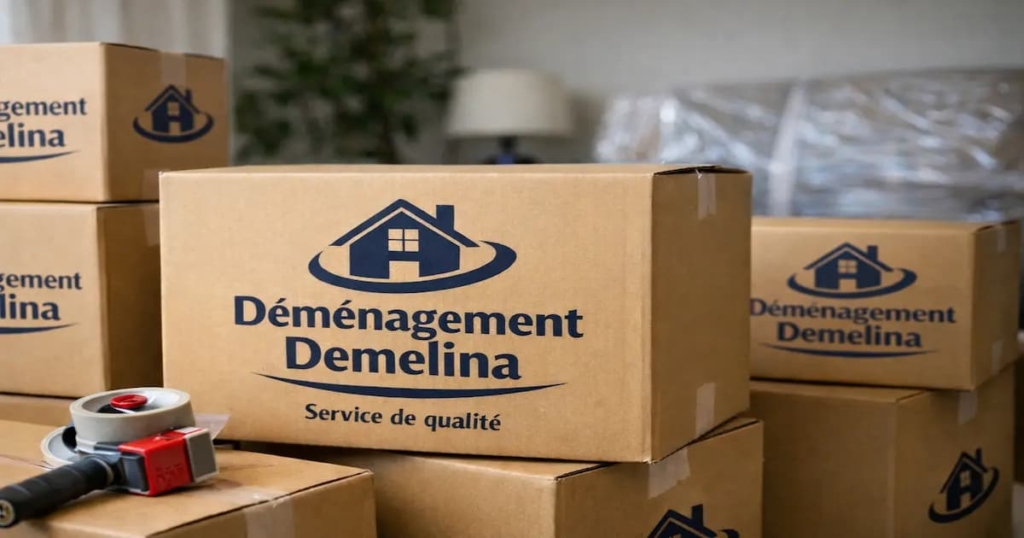 Moving boxes labeled Demenagement Demelina during residential moving in Montreal