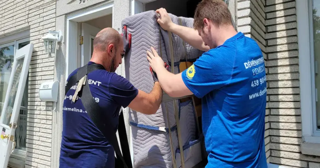 Déménageurs professionnels protégeant les meubles lors d’un déménagement à Rive-Sud
